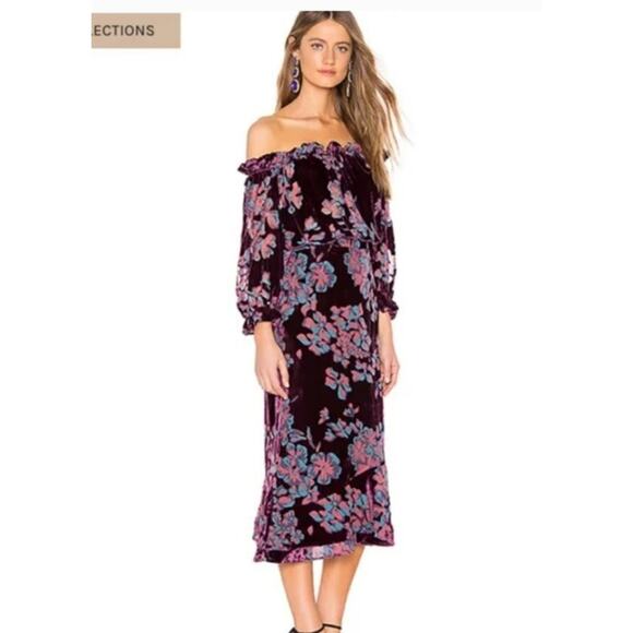 SALONI Sz 2 US 6 UK Plum Purple Floral Grace Off The Shoulder Dress - Picture 9 of 10